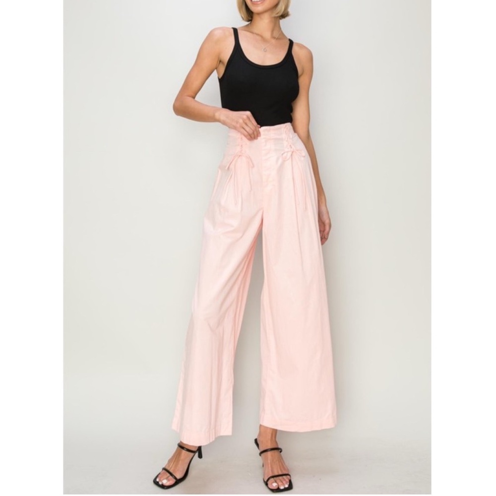 253 • Peach 100% Cotton Poplin Wide Leg Lace Up Summer Weight Pants - Picture 1 of 8
